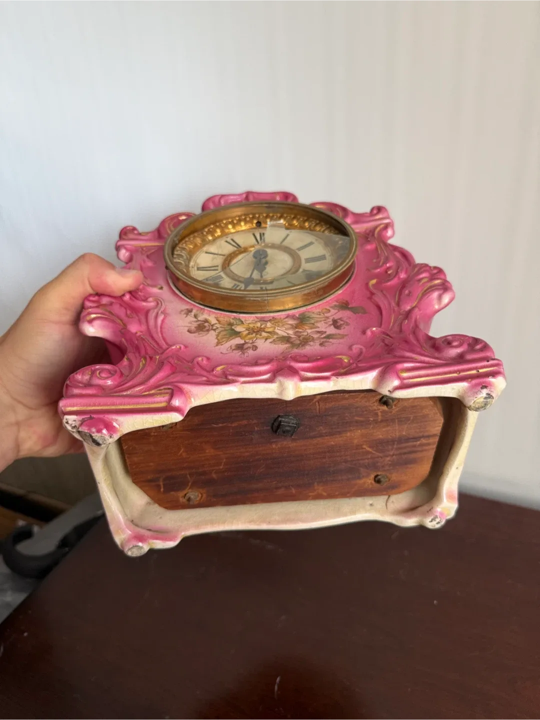 Vintage Ansonia Trump porcelain Mantle Clock Pink image indicator(3)