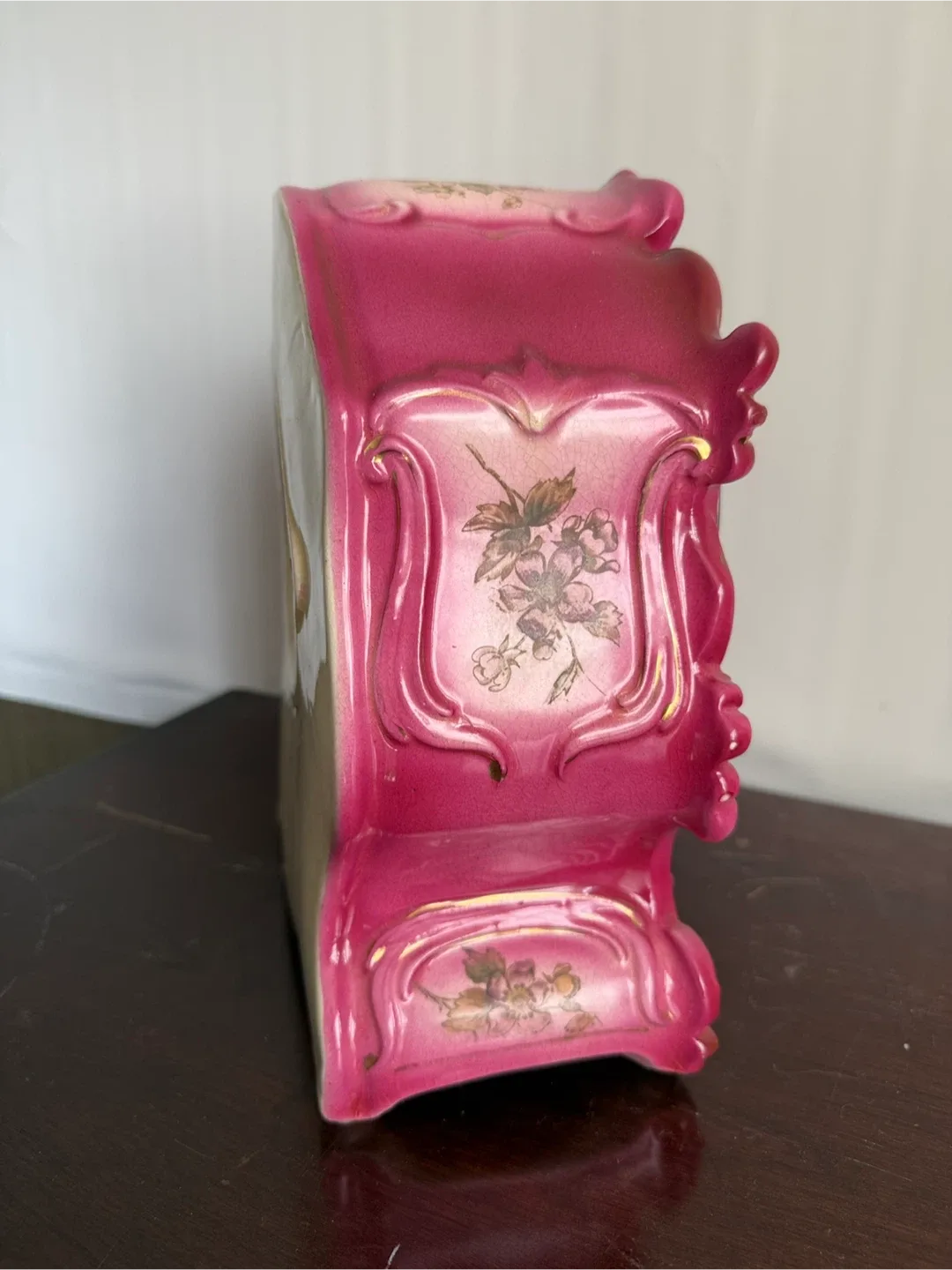 Vintage Ansonia Trump porcelain Mantle Clock Pink image indicator(2)