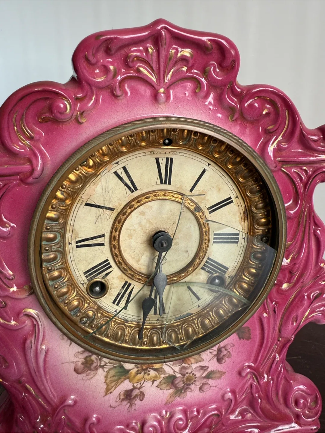 Vintage Ansonia Trump porcelain Mantle Clock Pink image indicator(5)