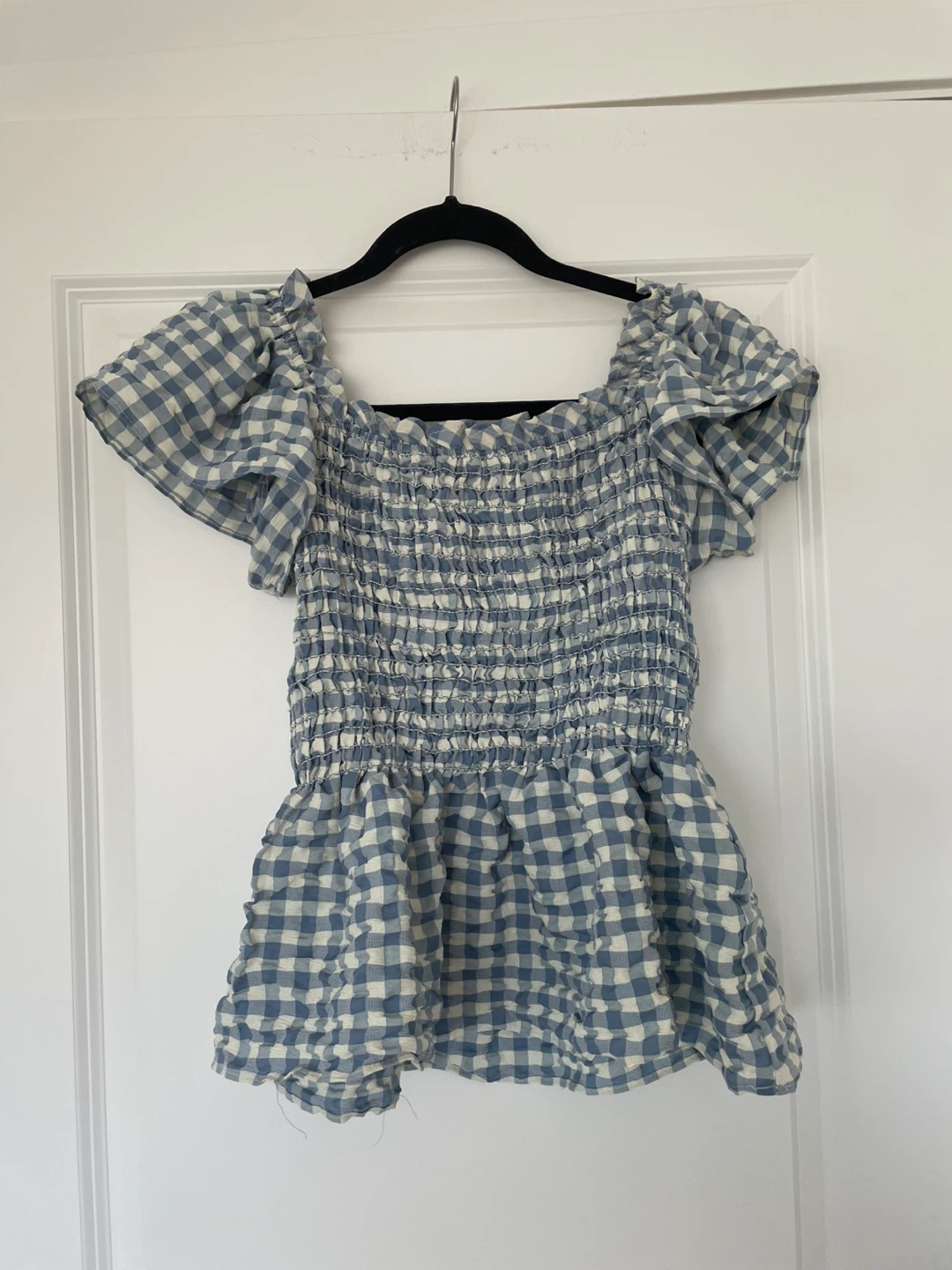 Max Studio Blue Gingham Smocked Top - Size L