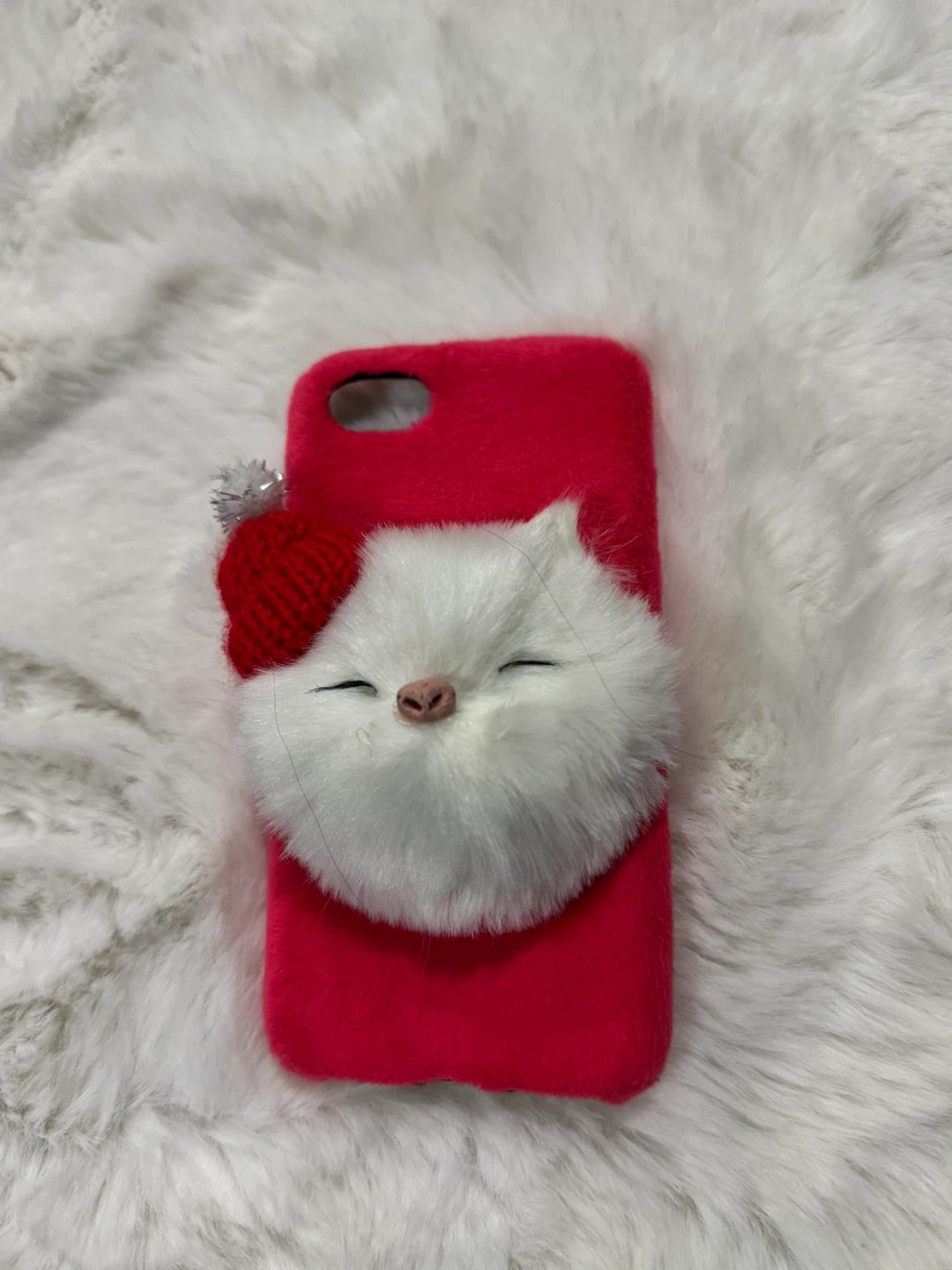 Red iPhone Case with White Cat Pom Pom