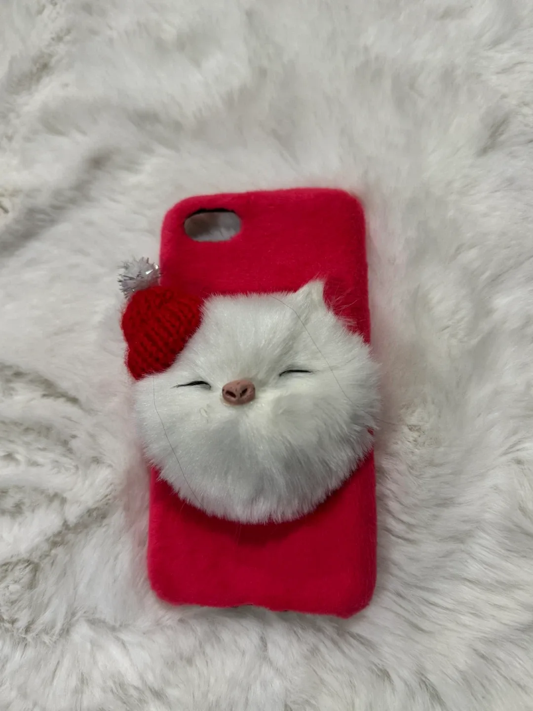 Red iPhone Case with White Cat Pom Pom