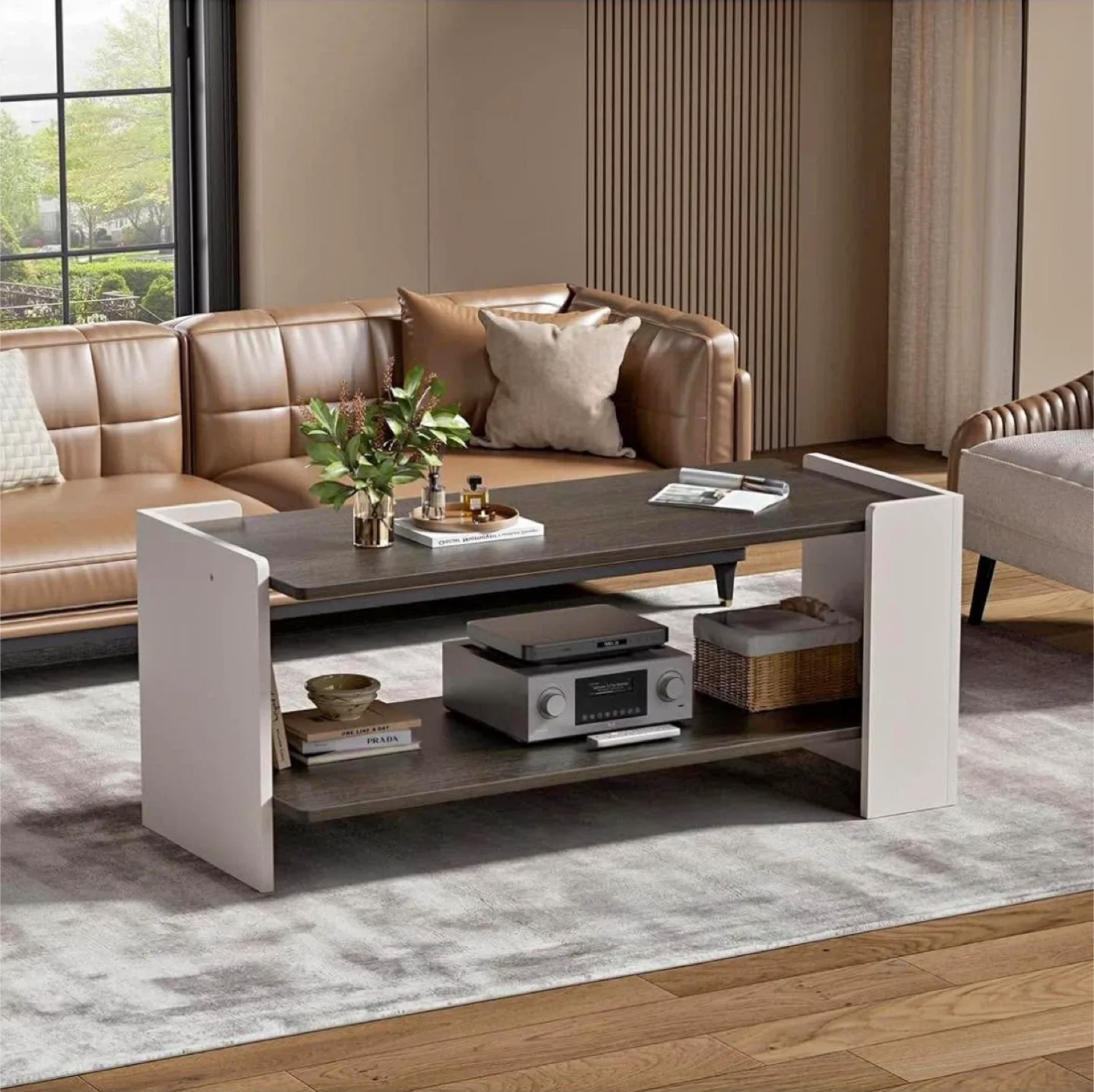 Coffee Table with Storage Shelf - Dark Brown & White thumbnail
