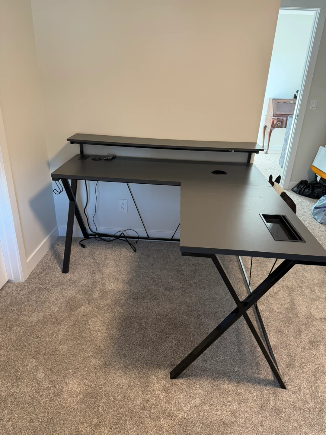 L-Shaped Black Gaming Desk with Monitor Shelf