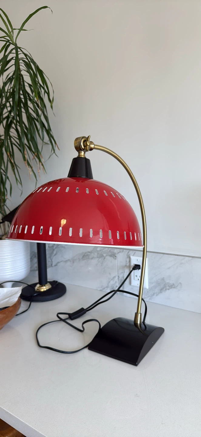 Red and Brass Arc Desk Lamp