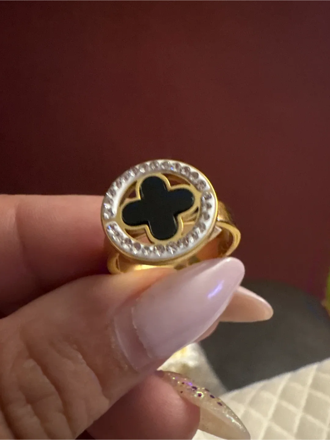 18K Gold SS Black Onyx Clover Ring NEW image indicator(5)