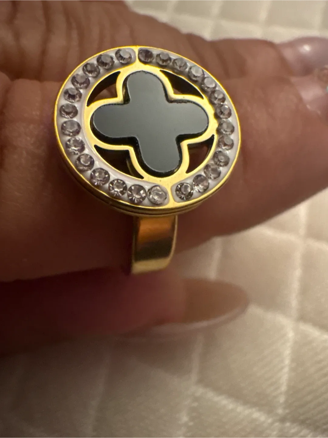 18K Gold SS Black Onyx Clover Ring NEW image indicator(4)