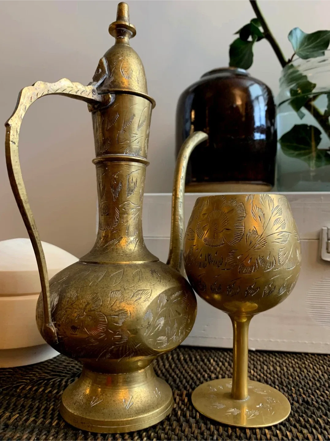 Vintage Etched Brass Pitcher & Goblet Set image indicator(2)