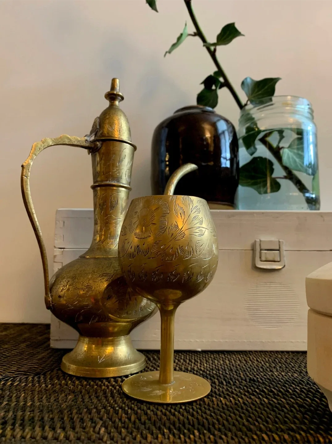 Vintage Etched Brass Pitcher & Goblet Set thumbnail