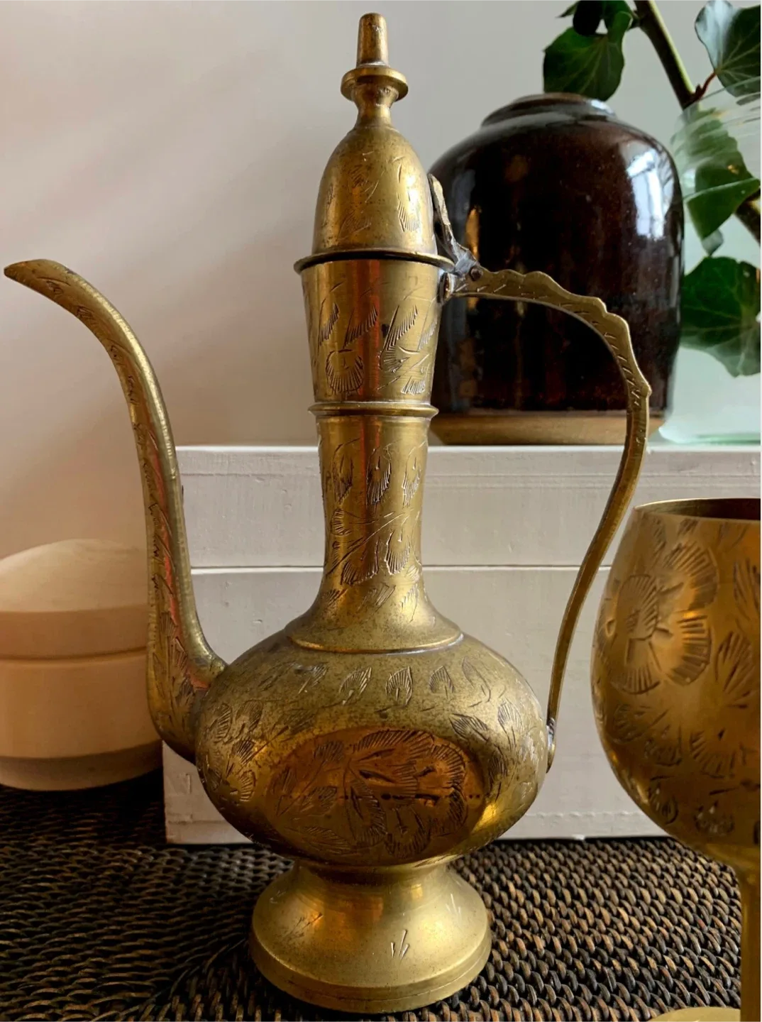 Vintage Etched Brass Pitcher & Goblet Set