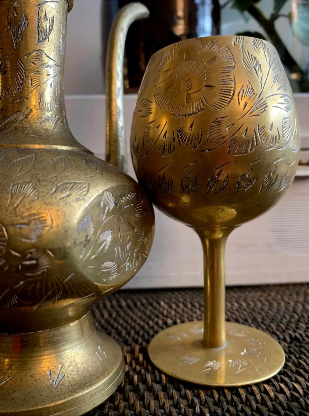 Vintage Etched Brass Pitcher & Goblet Set image indicator(7)