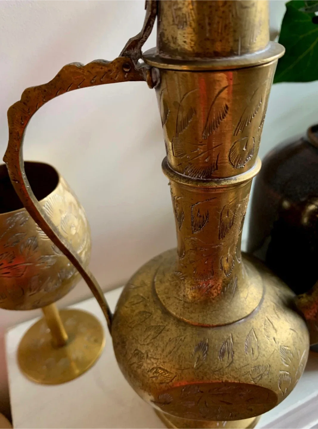 Vintage Etched Brass Pitcher & Goblet Set image indicator(8)