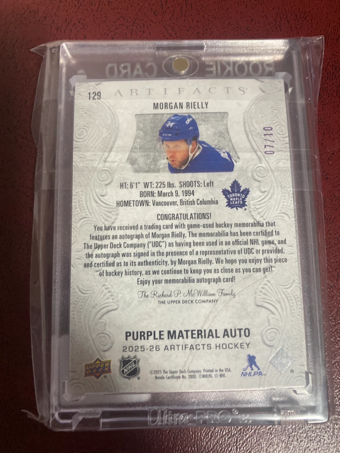 Morgan Rielly Artifacts Rookie Card - Toronto Maple Leafs - photo 2