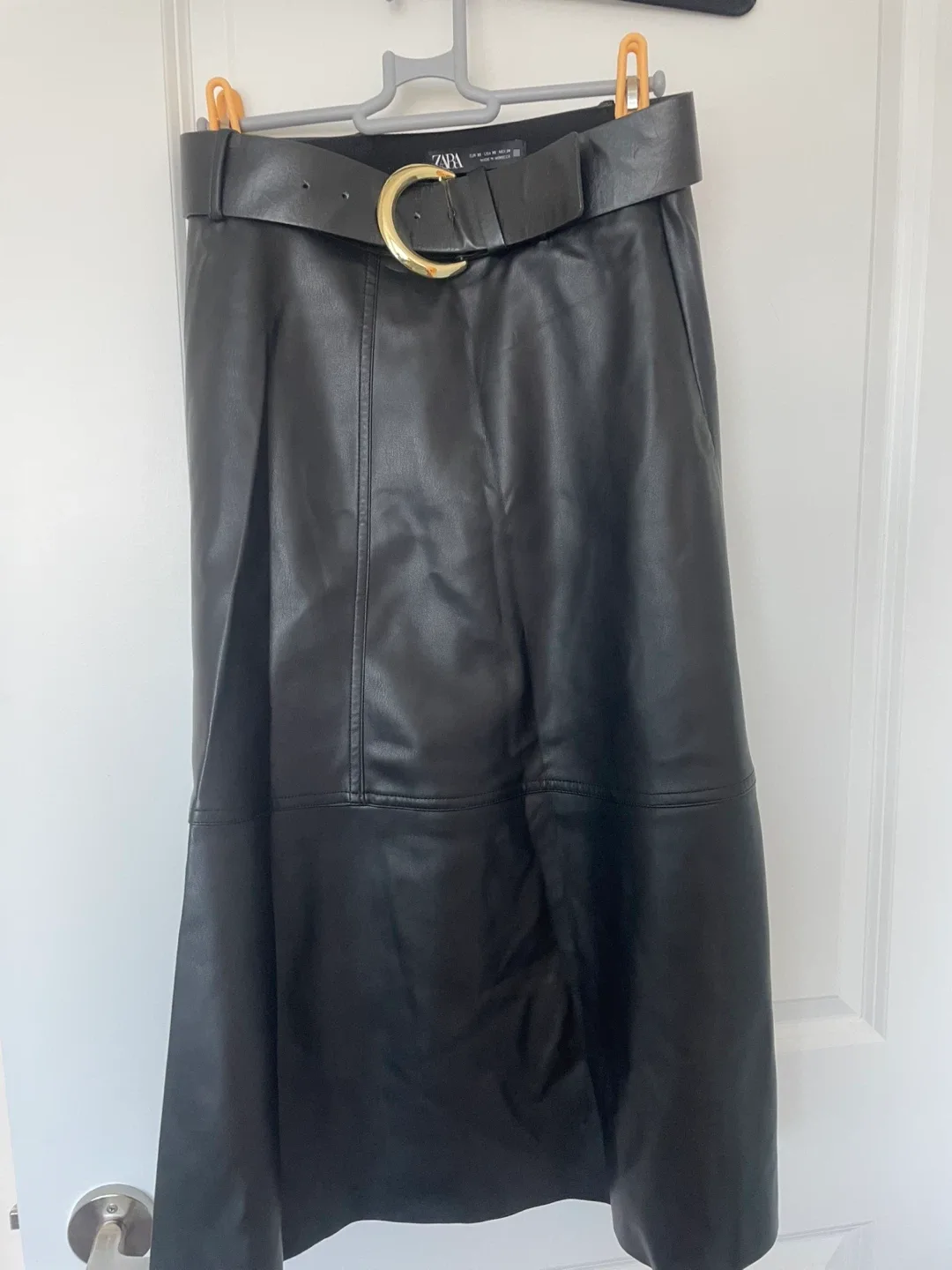 Zara Black Faux Leather Belted Skirt - Size XS thumbnail