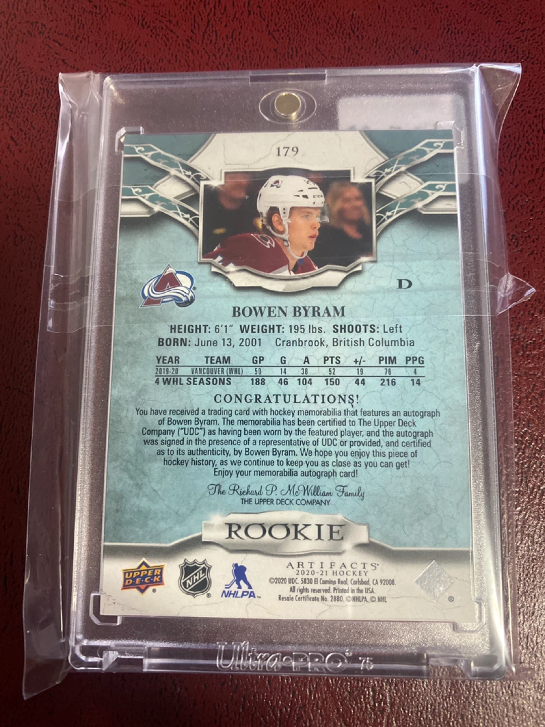 Bowen Byram Artifacts Rookie Card 76/99 - photo 2