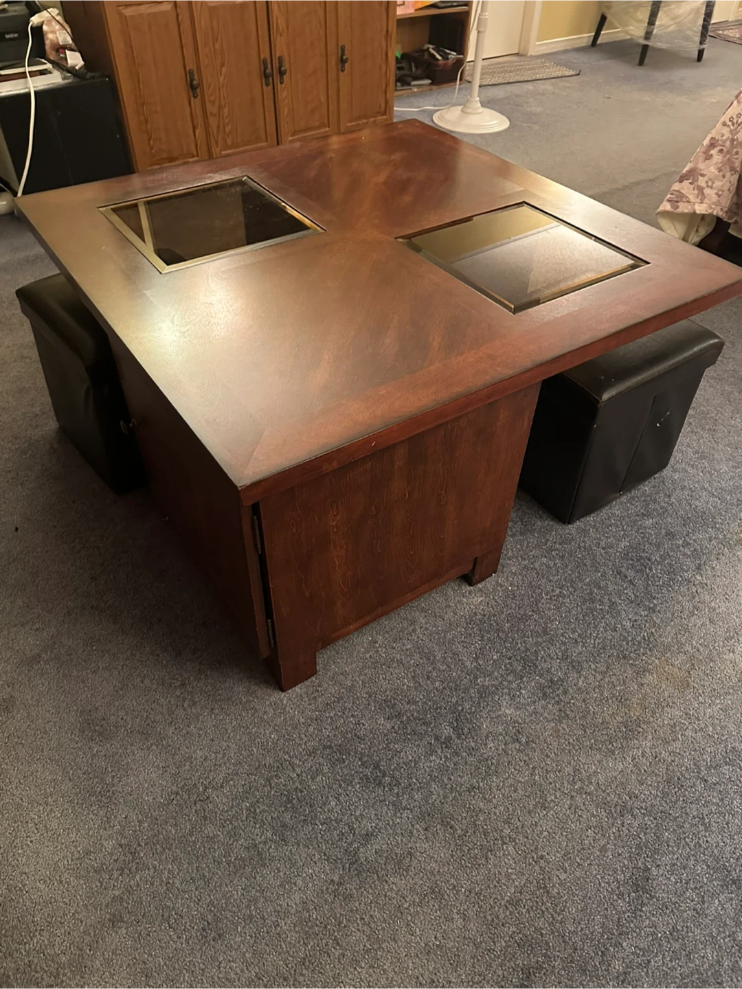 Coffee Table with Glass Inserts, Cabinets & Ottomans