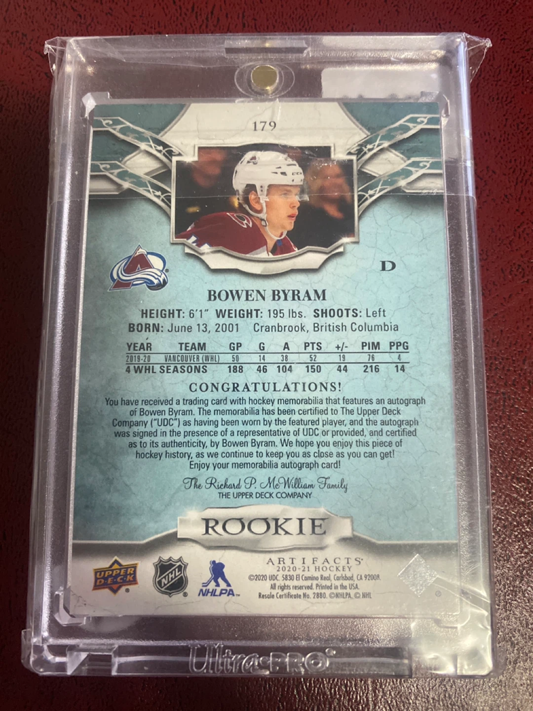 Bowen Byram Rookie Artifacts Hockey Card 29/45 - photo 2