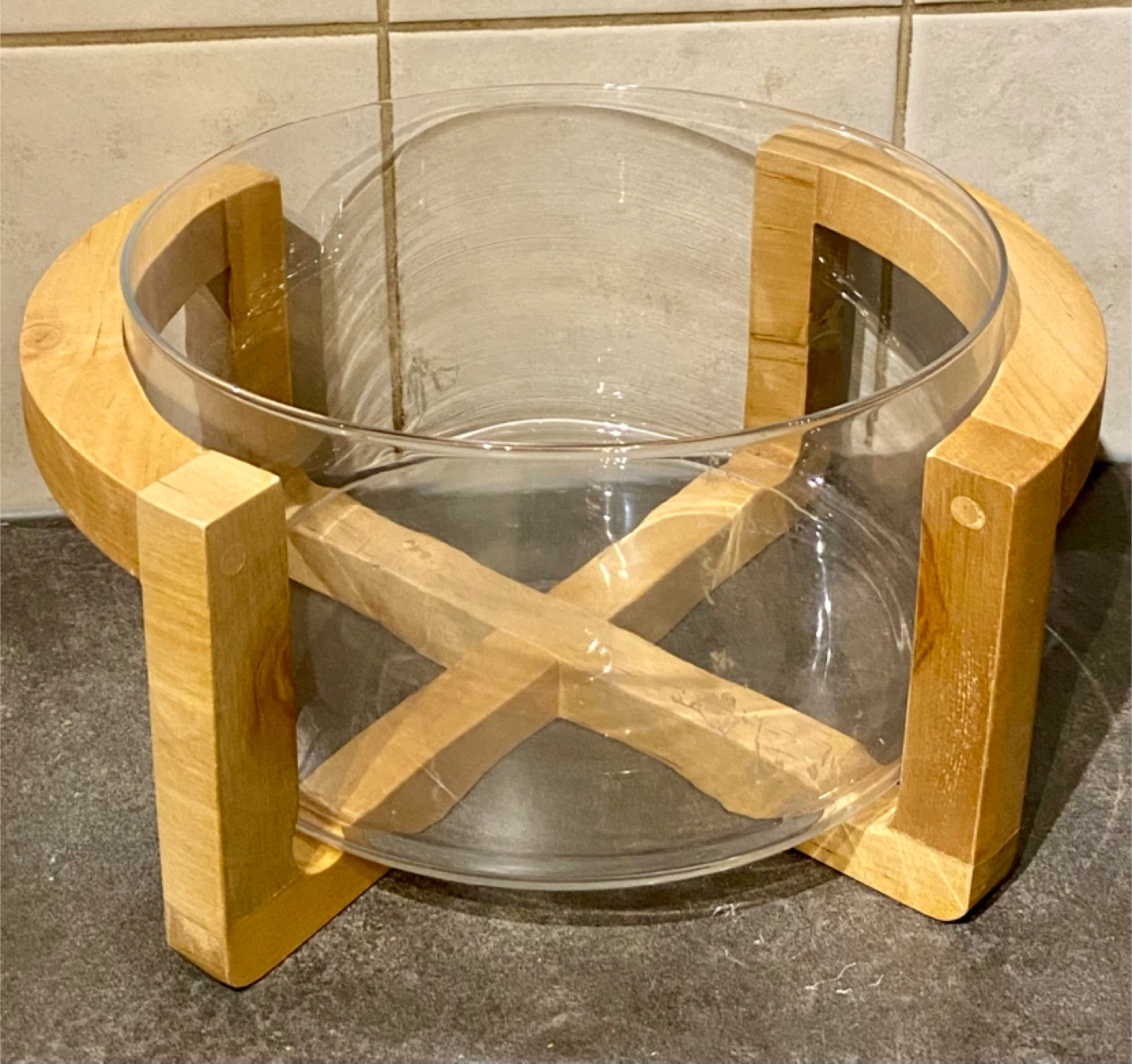 Glass Bowl with Wooden Stand 🧡