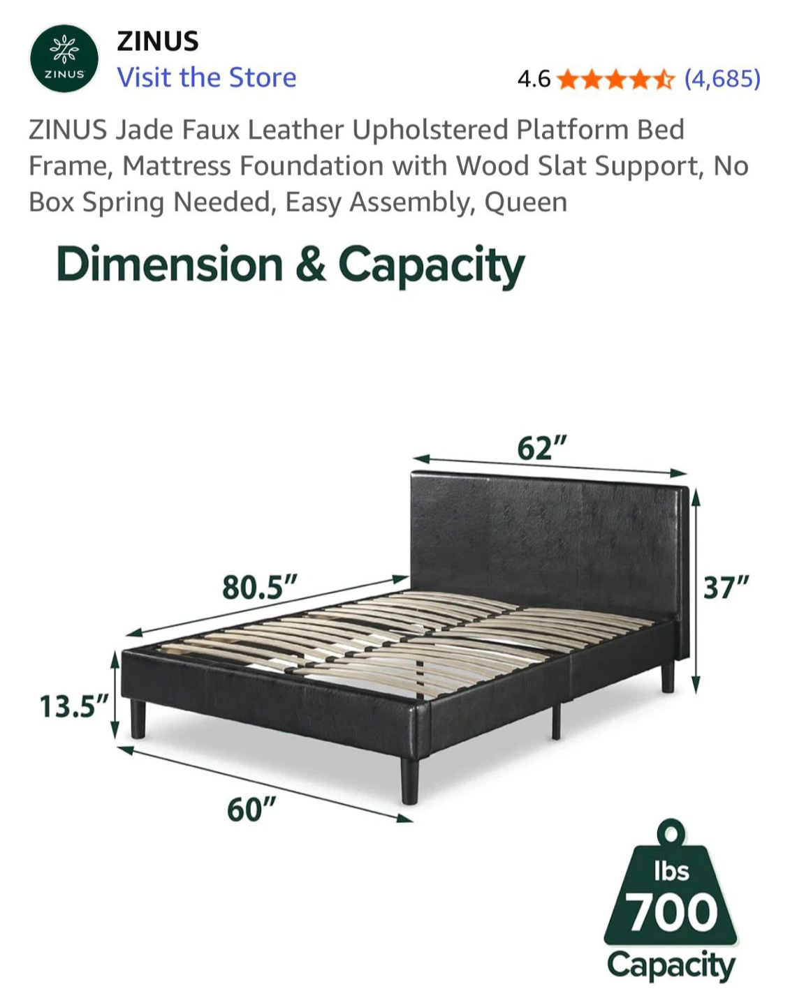 Zinus Jade Faux Leather full Bed Frame