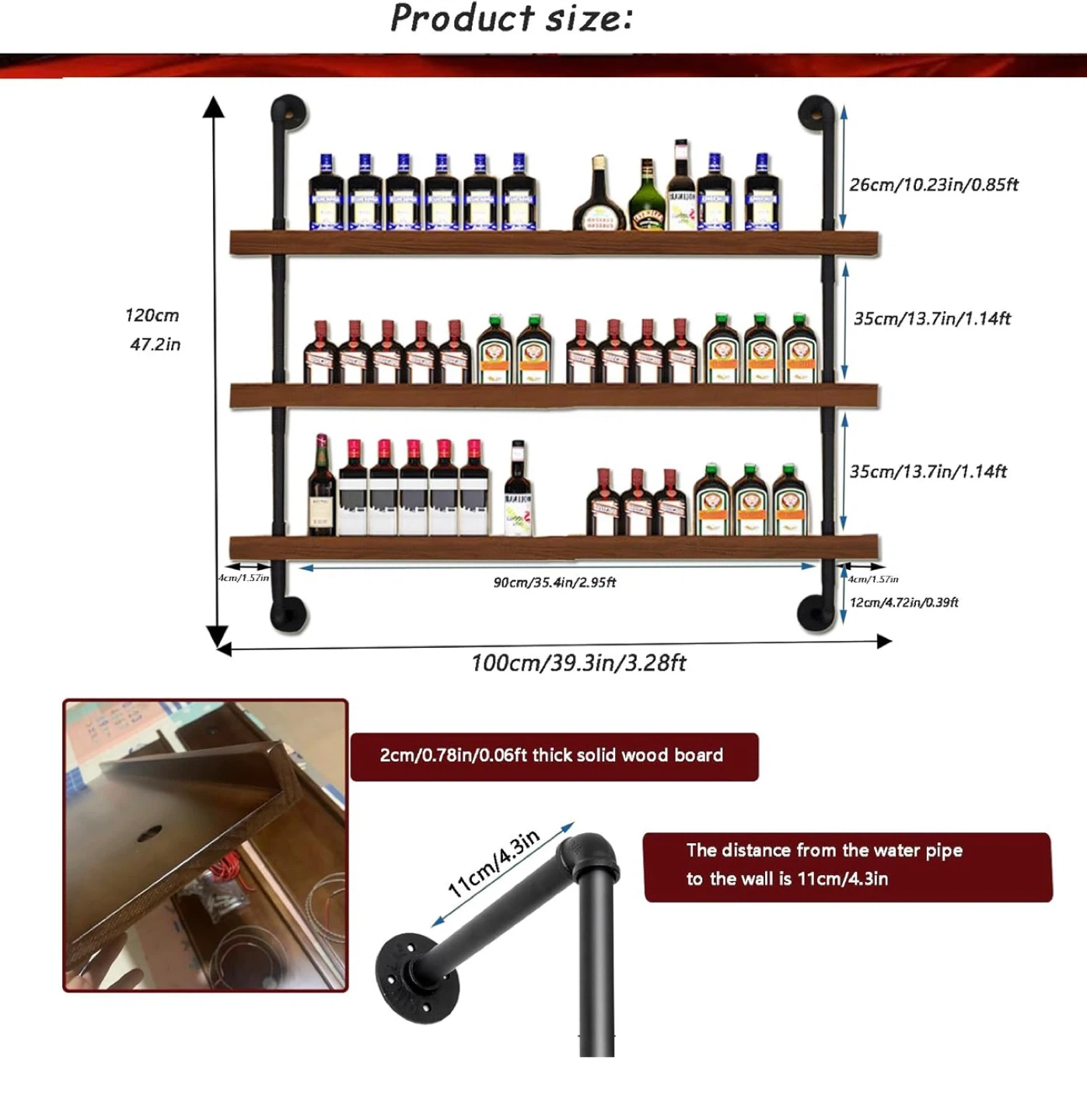 Industrial Style 3-Tier walnut Wall Shelf (brandnew) - photo 3