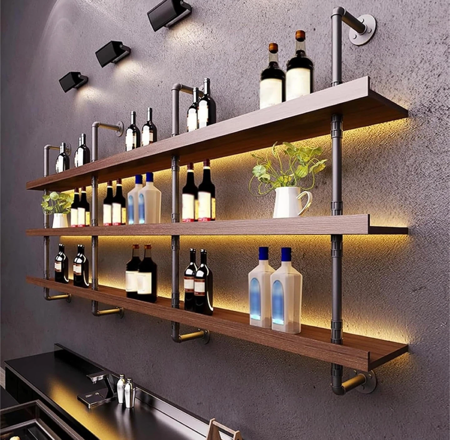 Industrial Style 3-Tier walnut Wall Shelf (brandnew)