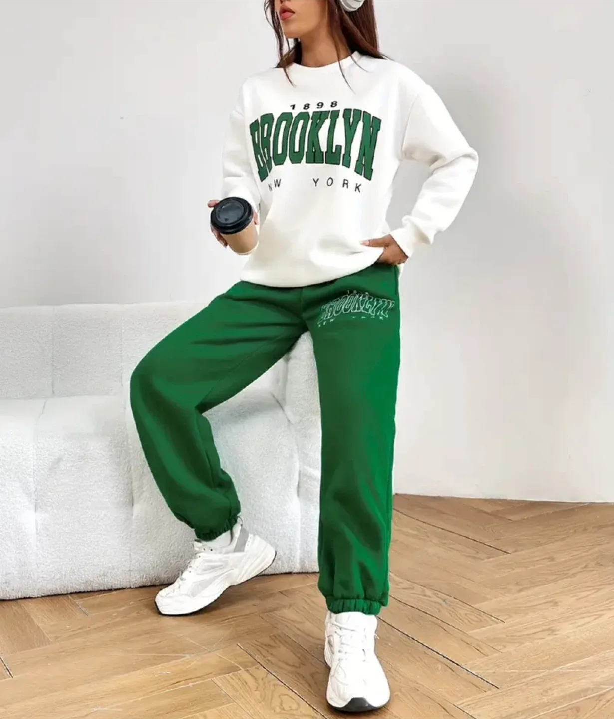 Brooklyn White Sweatshirt & Green Sweatpants Set thumbnail