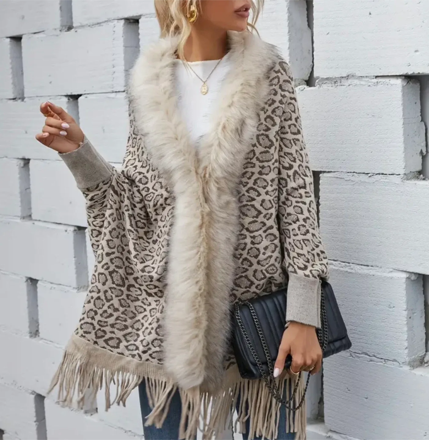 Leopard Print Poncho with Fur Collar thumbnail