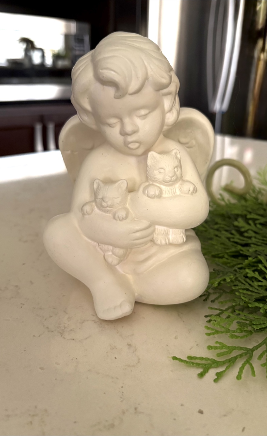 Clay Angel Figurine Holding 2 Lovely Cats