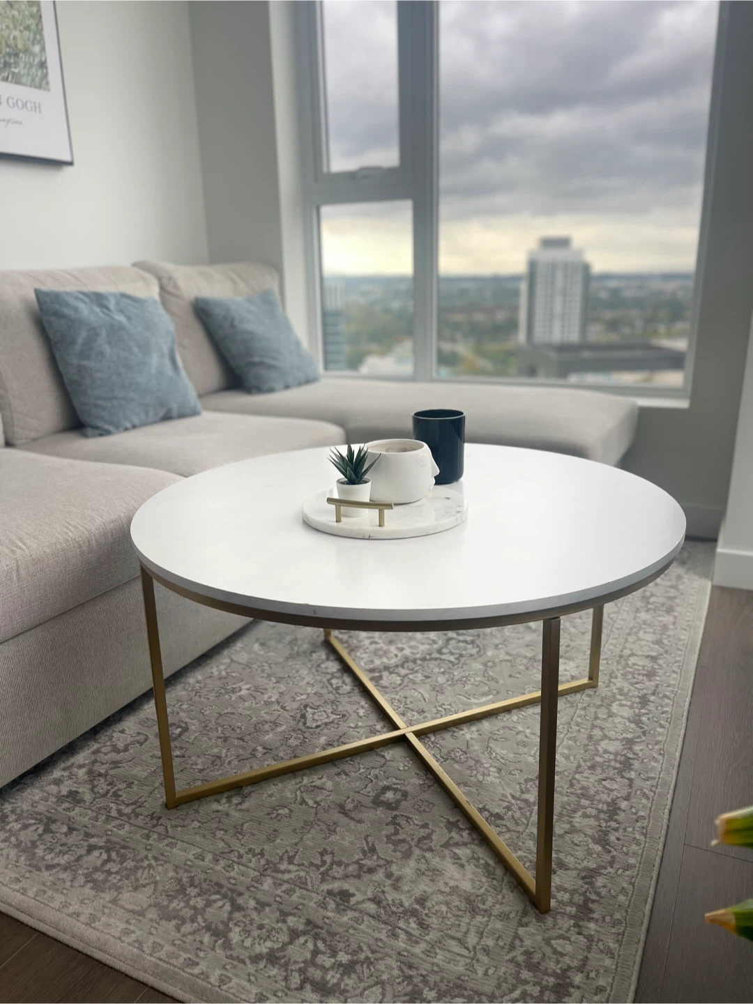 Round White Coffee Table with Gold Legs