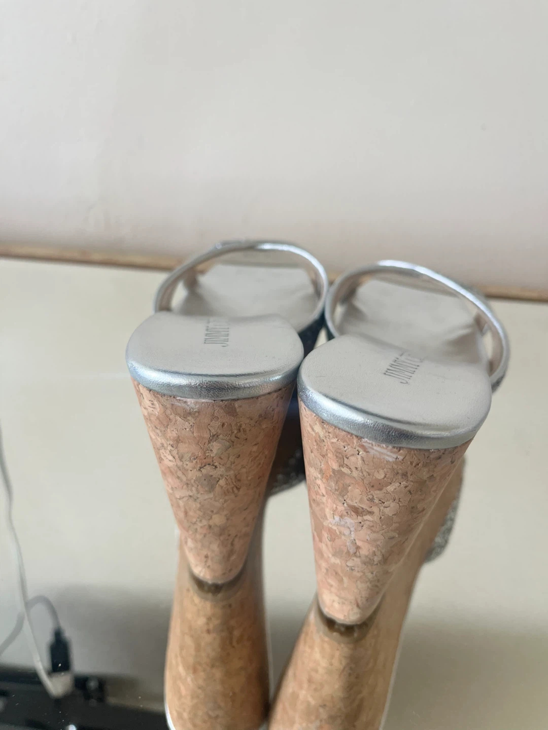 Jimmy Choo Silver Glitter Cork Wedge Sandals - photo 3