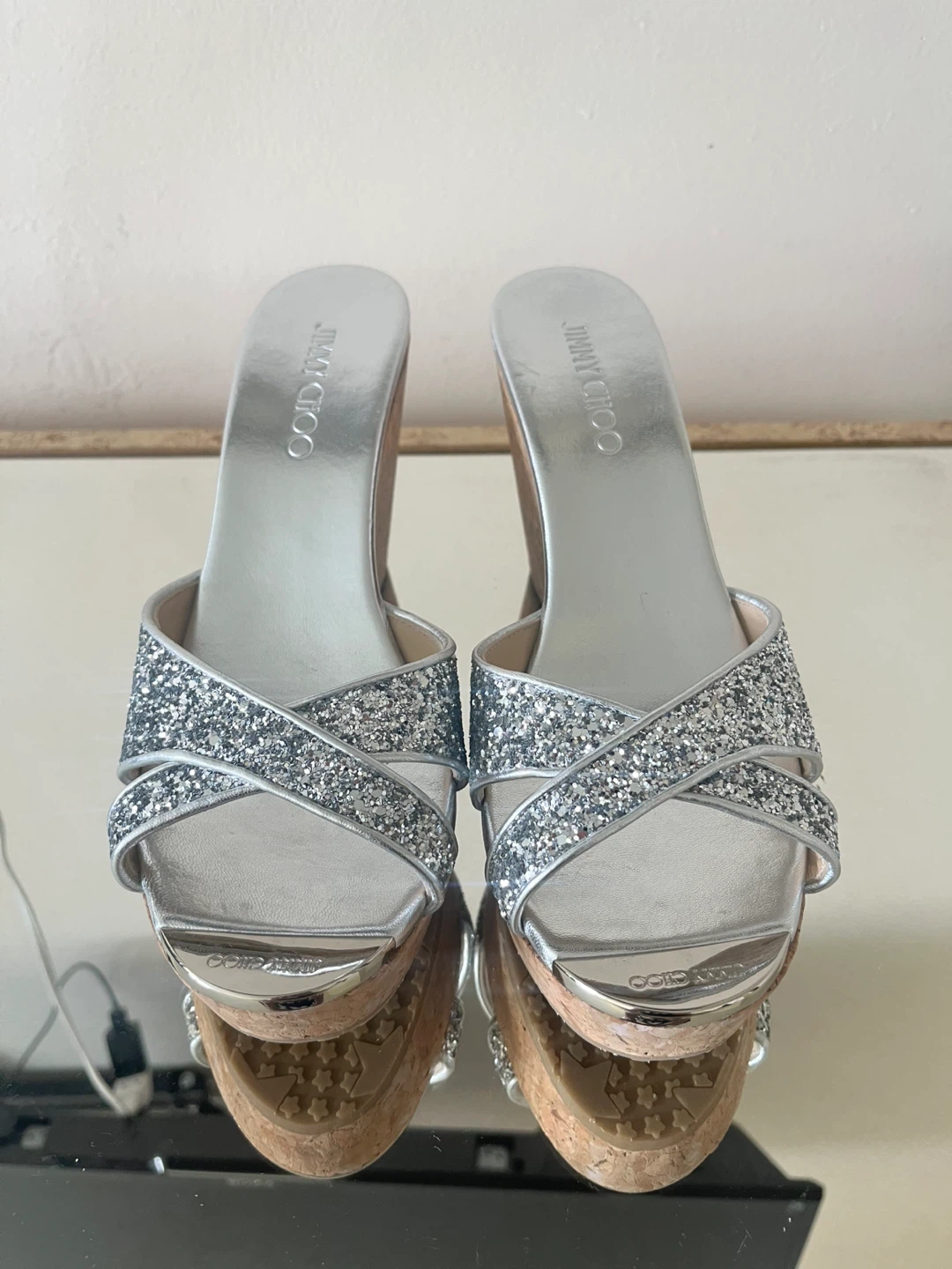 Jimmy Choo Silver Glitter Cork Wedge Sandals