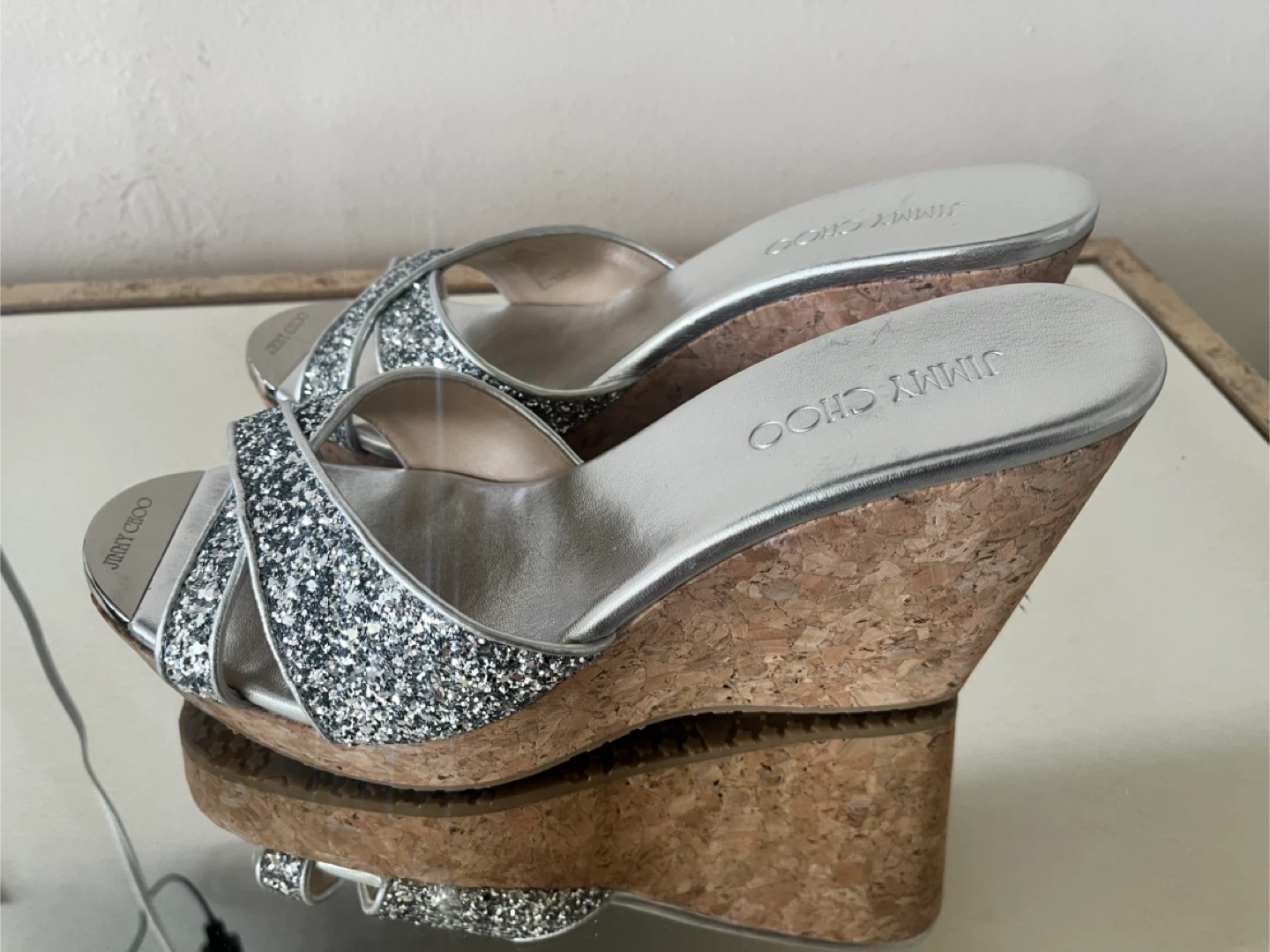 Jimmy Choo Silver Glitter Cork Wedge Sandals - photo 2