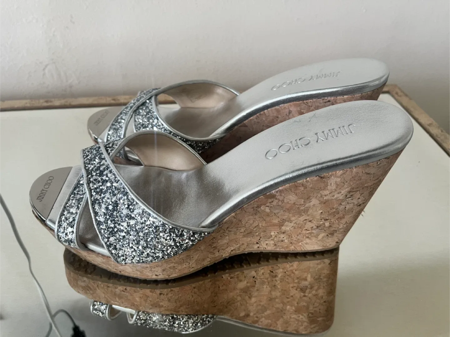 Jimmy Choo Silver Glitter Cork Wedge Sandals image indicator(2)