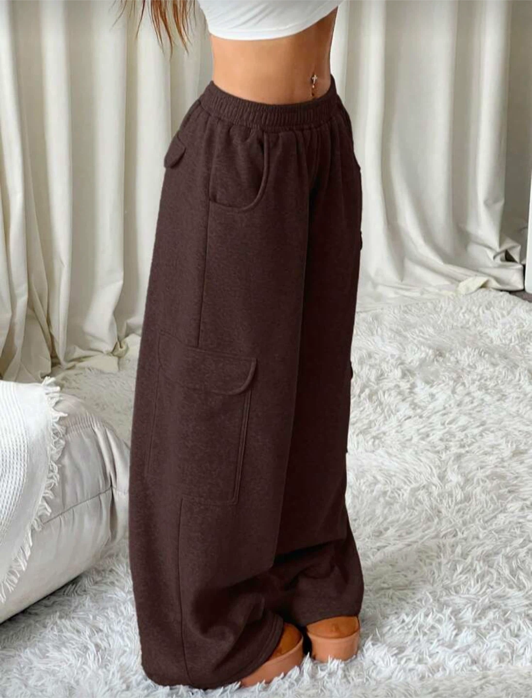 Brown Wide Leg Cargo Pants
