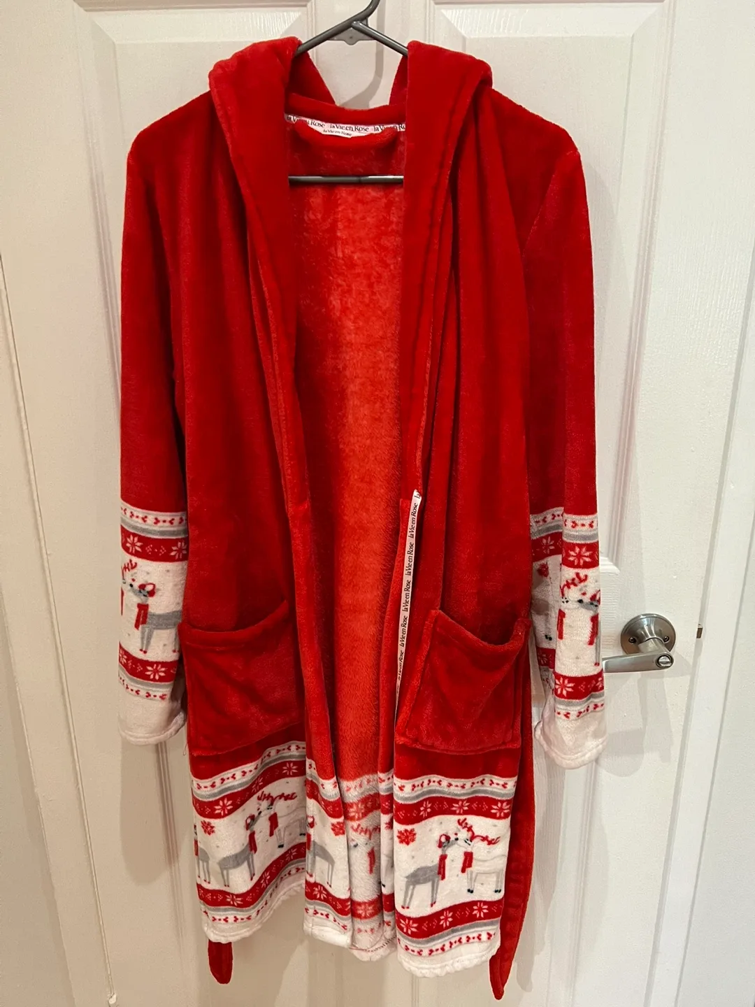 La Vie en Rose Red Fleece Robe with Reindeer Design thumbnail