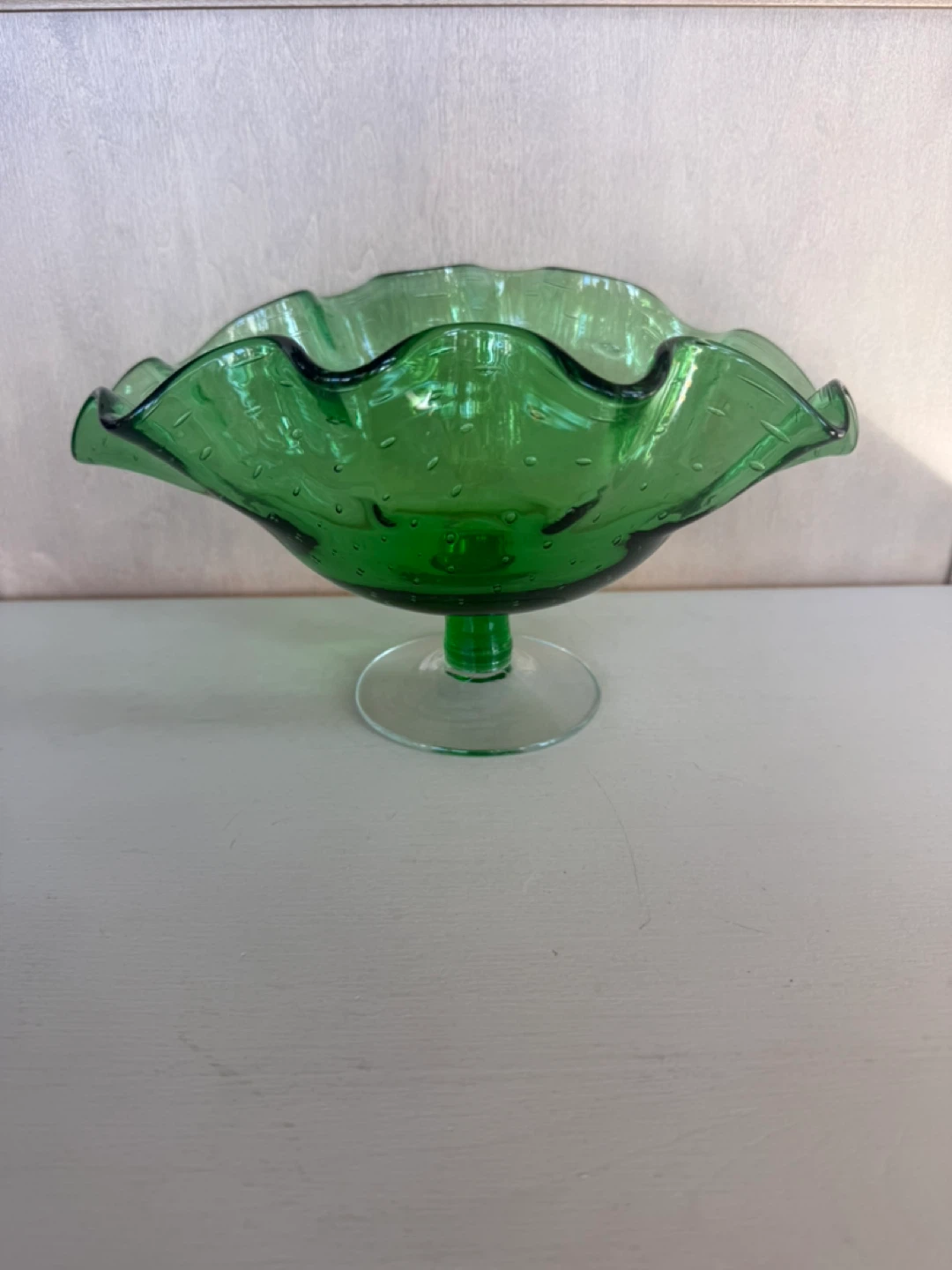 Vintage Green Glass Pedestal Bowl