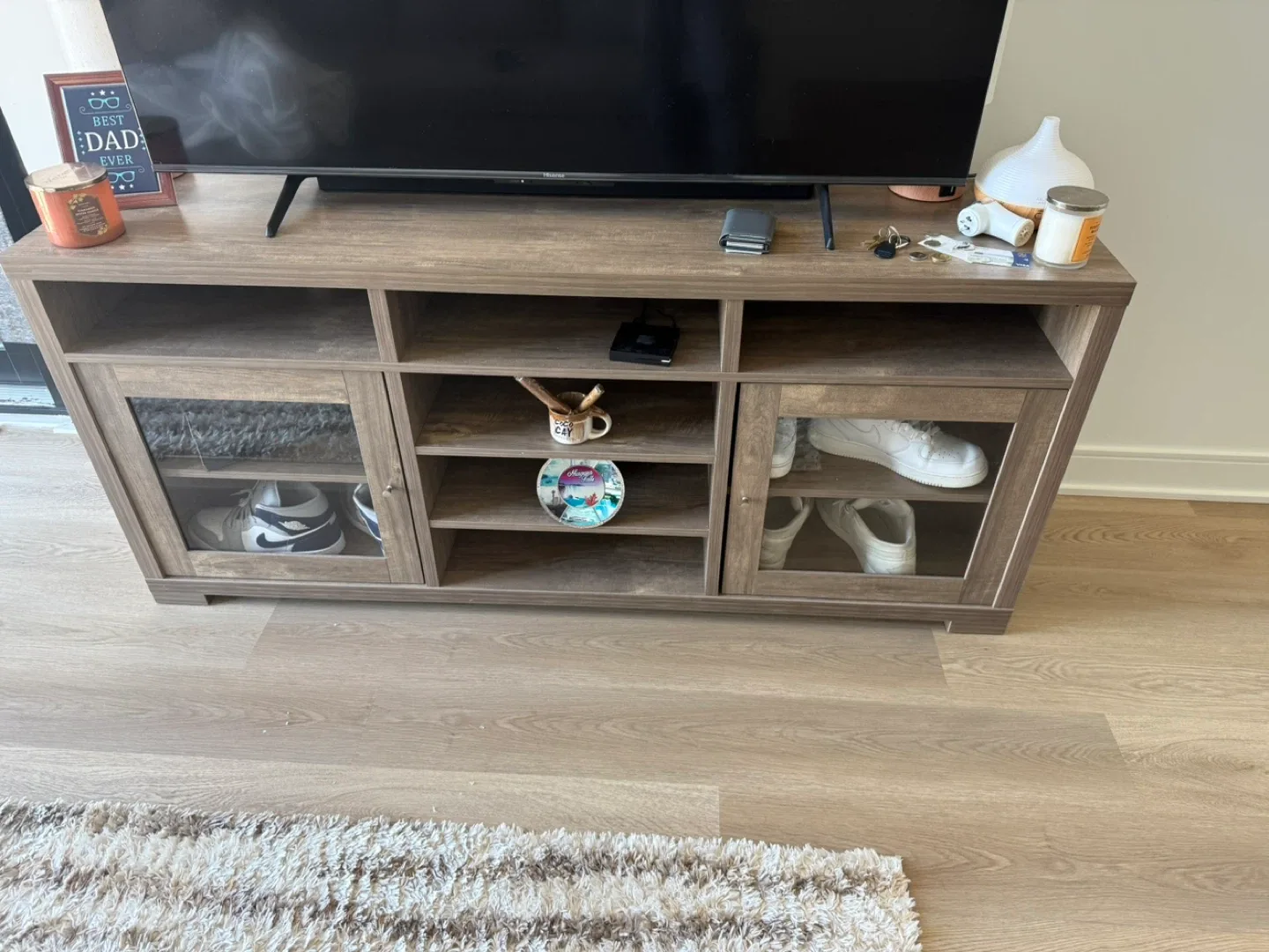 Brown Wood TV Stand with Glass Doors image indicator(2)