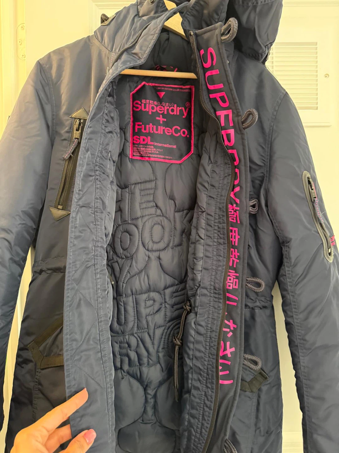 Superdry Jacket (Size XL) – Navy with Pink Fur Hood!
