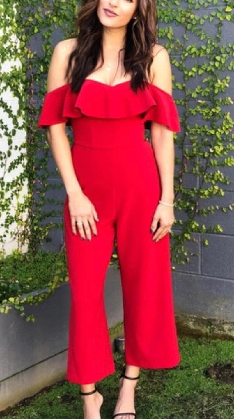 H&M Red off-the-shoulder corset bodice jumpsuit