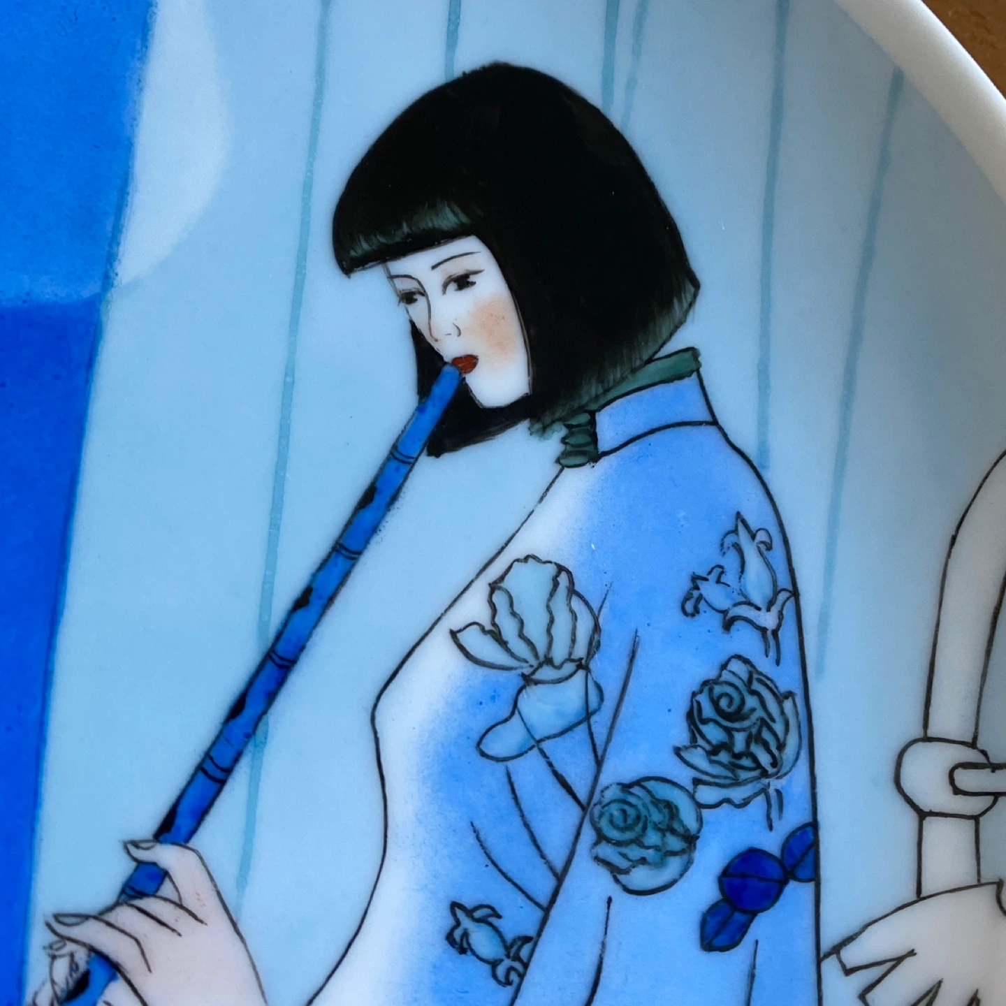 Vintage Chinese Hand Painted Ceramic Plate 10.25” Blue - photo 2