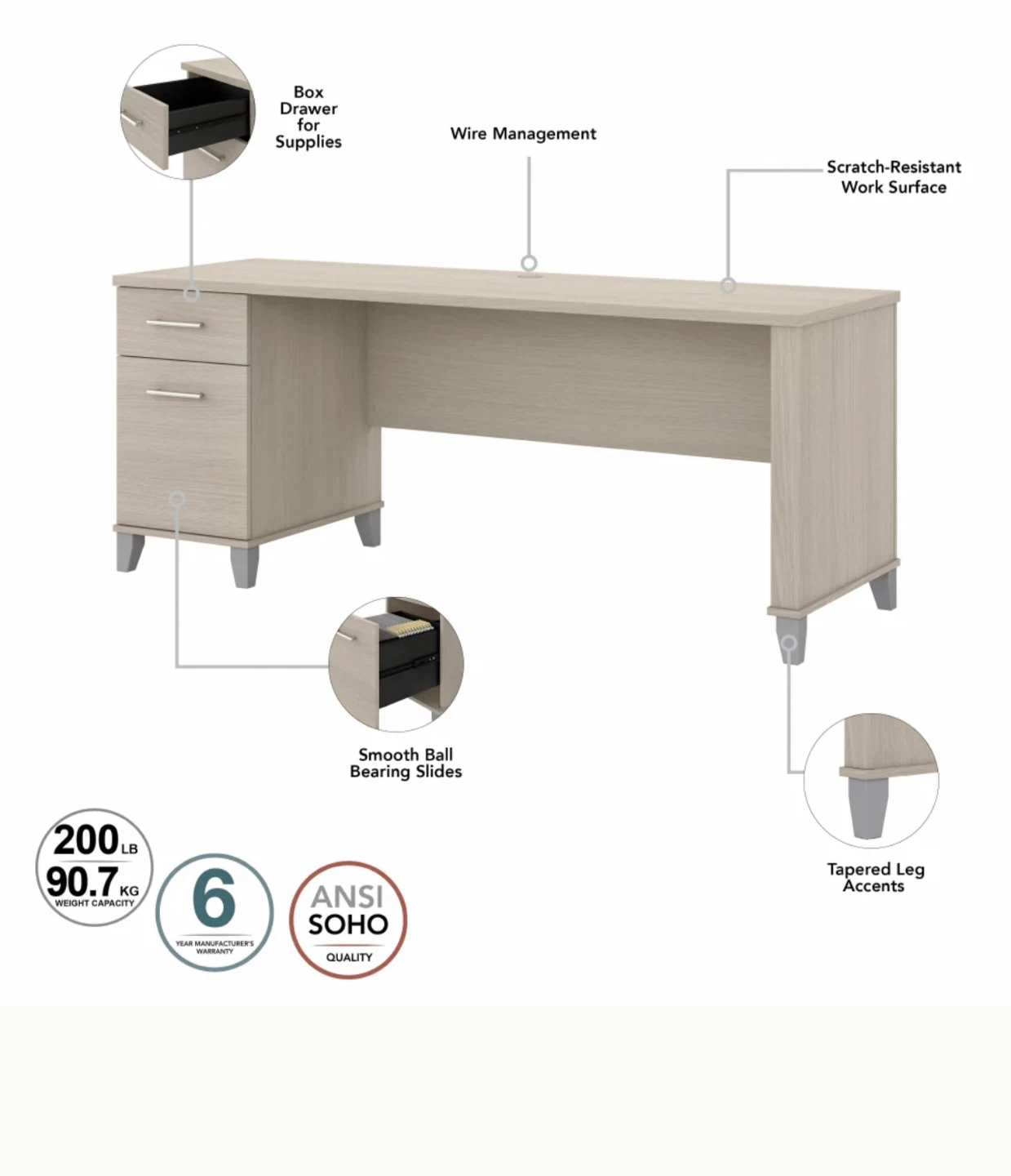 Bush Furniture Somerset 72” Office Desk with Drawers in Sand - photo 4