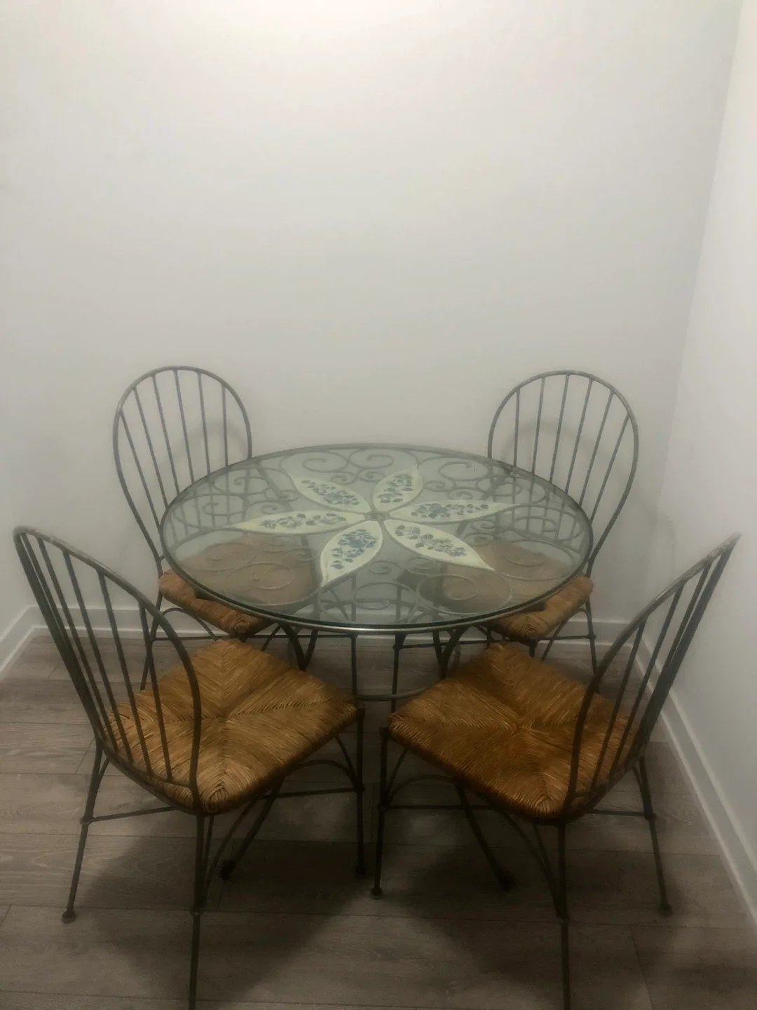 Glass Top Dining Table with 4 Wicker Chairs thumbnail