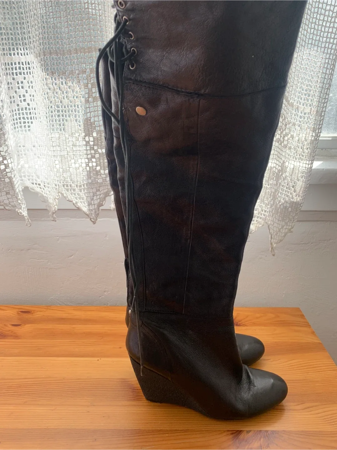 Nine West Black Leather Over-the-Knee Wedge Boots thumbnail