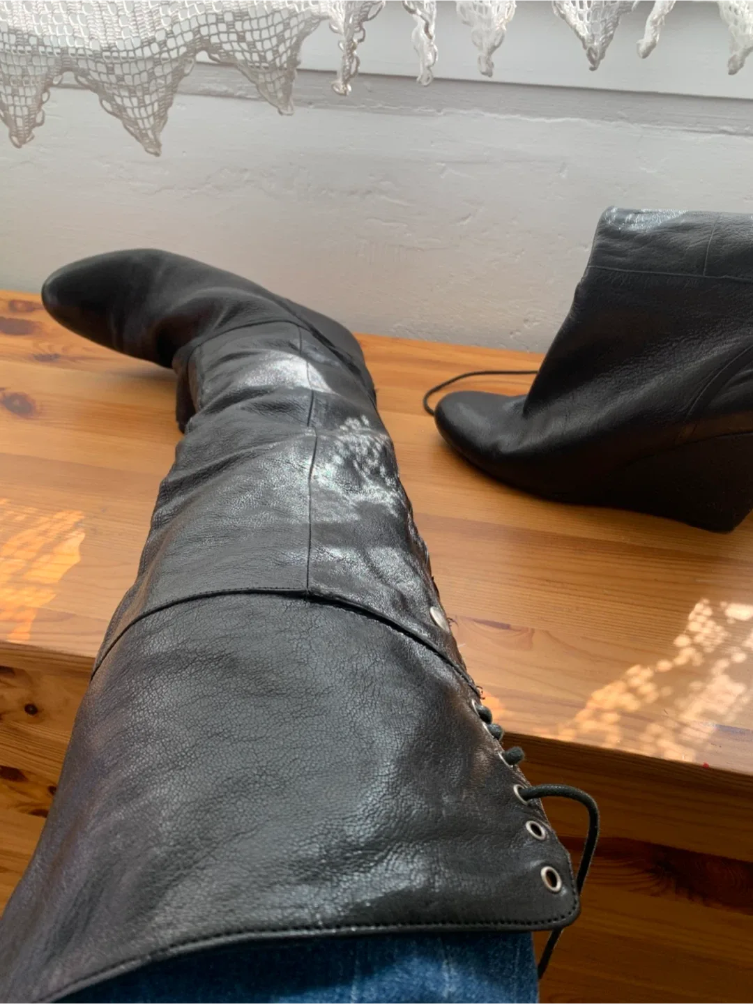 Nine West Black Leather Over-the-Knee Wedge Boots image indicator(2)