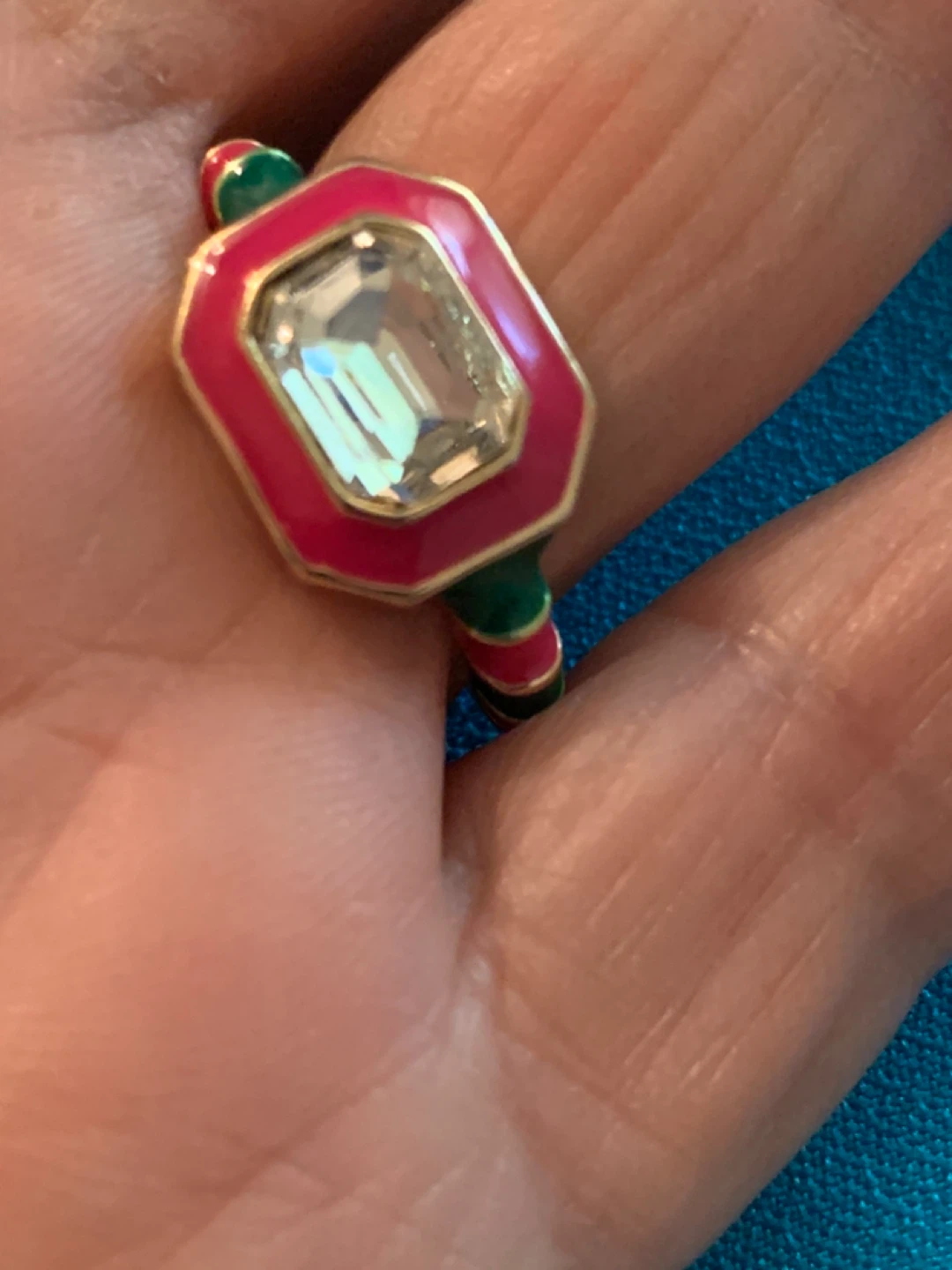 Ring - Gold tone with Red, Green and Clear Stone