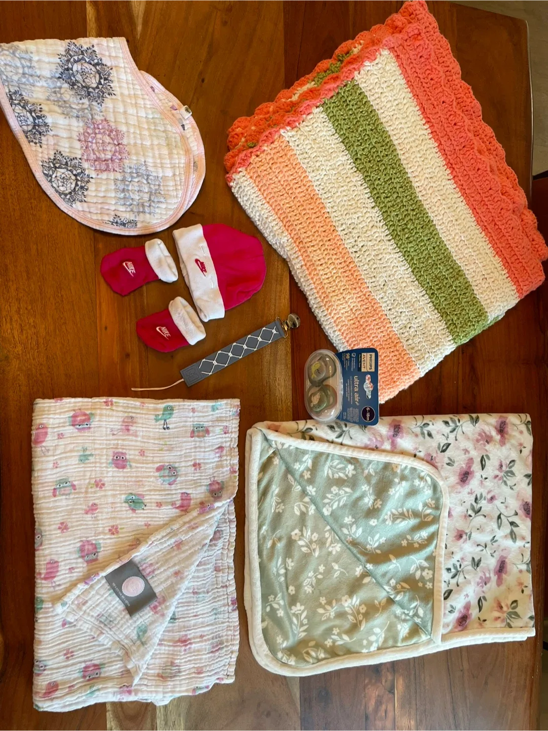 Baby Bundle: Nike Hat & Socks, Avent Soothers, Bibs, Blankets thumbnail