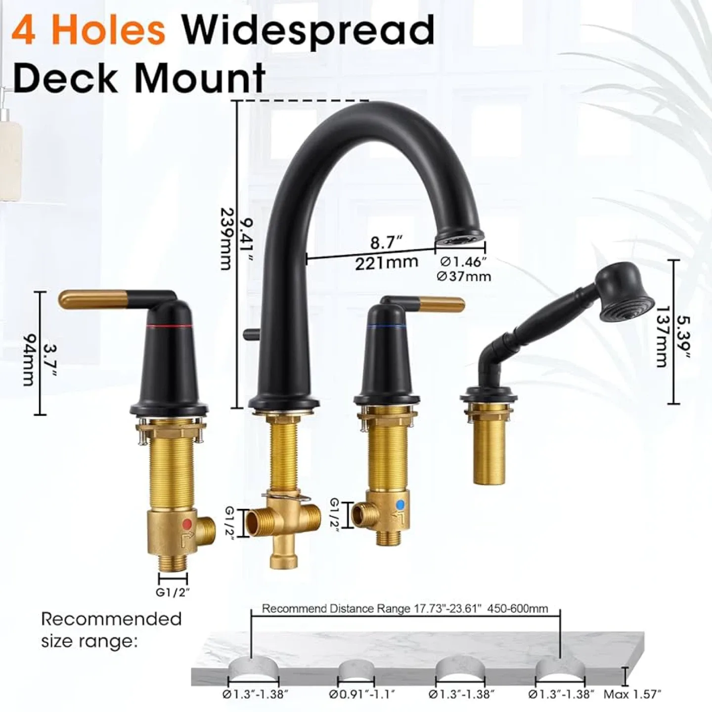 Black Widespread Bathroom Faucet with Hand Shower thumbnail