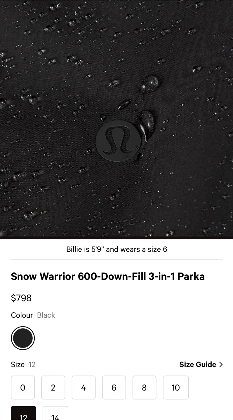 Lululemon Snow Warrior 600-Down-Fill 3-in-1 Parka - Size 12
