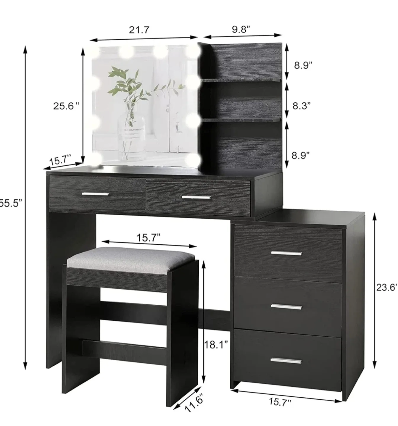 Black Vanity Table with Lighted Mirror & Stool image indicator(3)