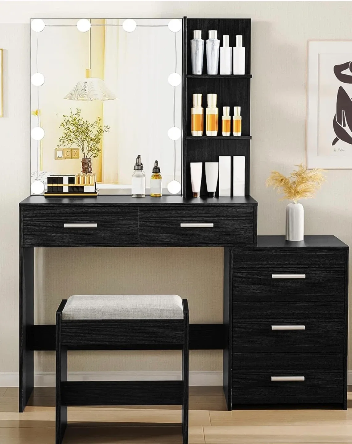 Black Vanity Table with Lighted Mirror & Stool image indicator(2)